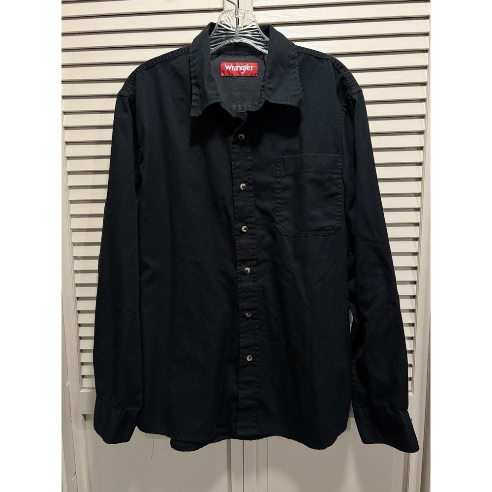 Wrangler Black Long Sleeve Button Up Shirt Size Large Logo Pocket Casual